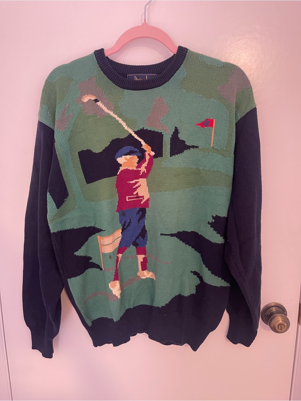 Pringle Crewneck Sweater with Golfer Intarsia - Green & Navy